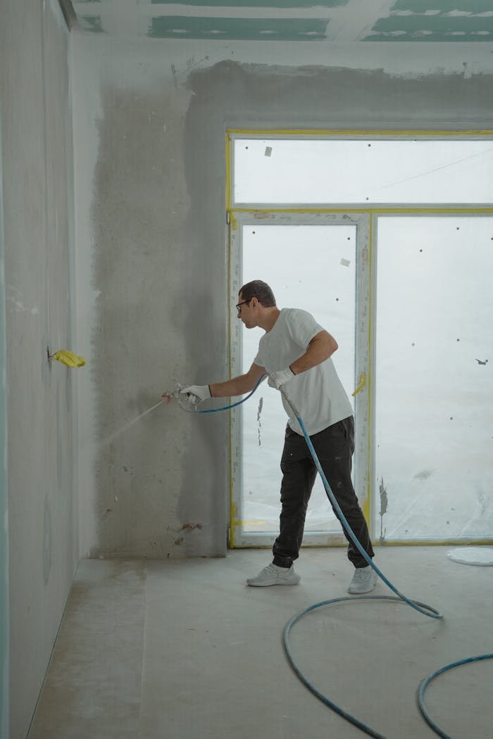 Mastering the First Impression: Your intriguing post title goes here A man uses a spray gun to paint an interior wall in a room under renovation.